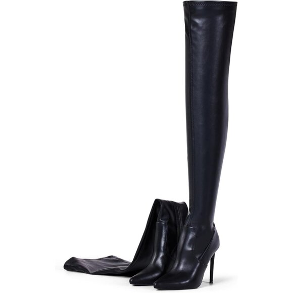 Women Black Matte Suede Pointed Toe 4.3 inch Stilettos Thigh High Heels Boots - Picture 1 of 8